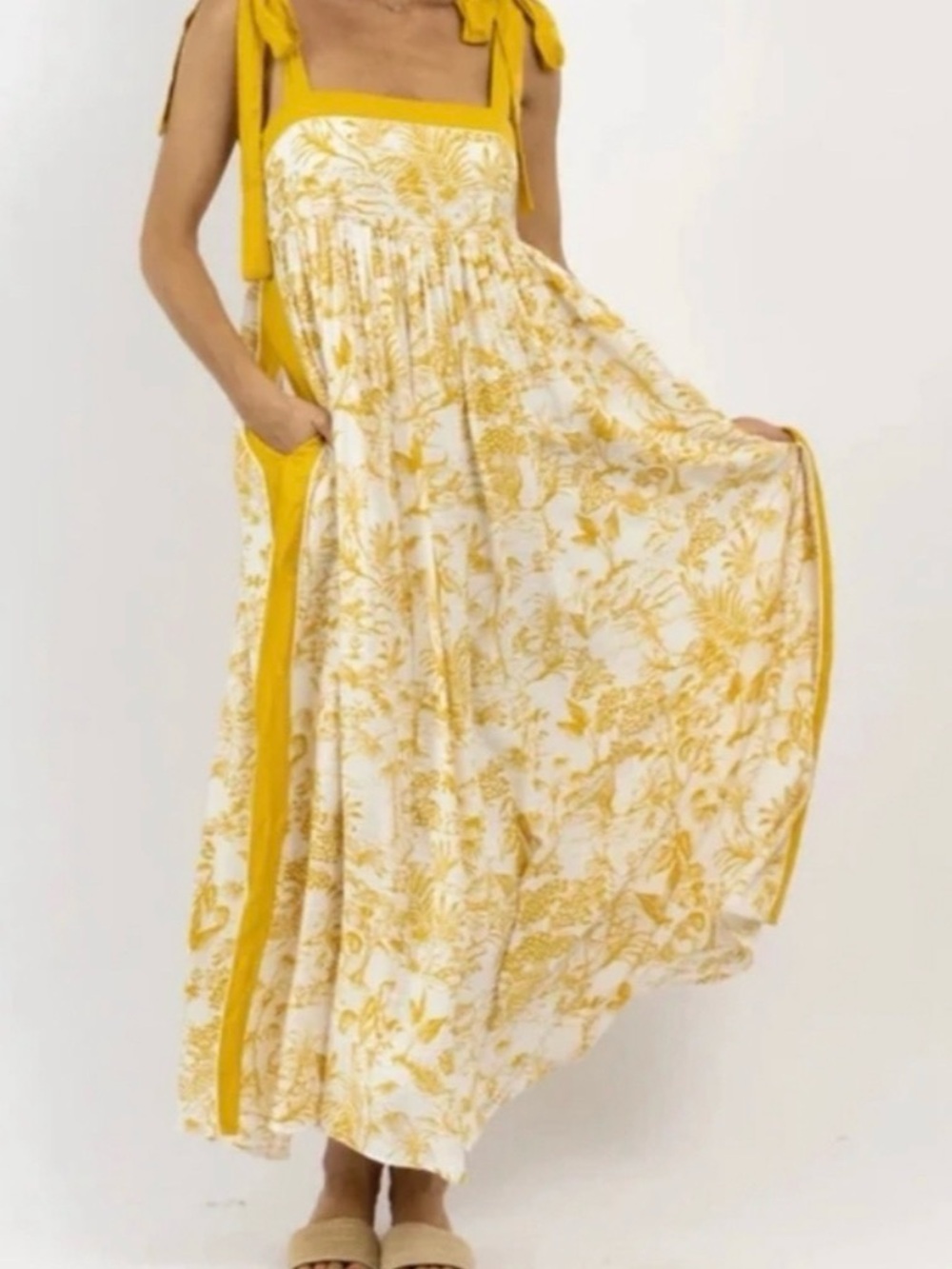 Yellow Floral Tie-Shoulder Maxi Dress with Pockets